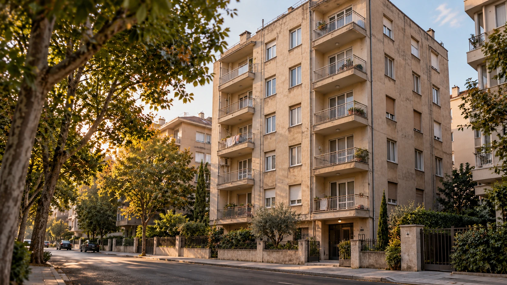 An older, rendered apartment building on the same example street and plot