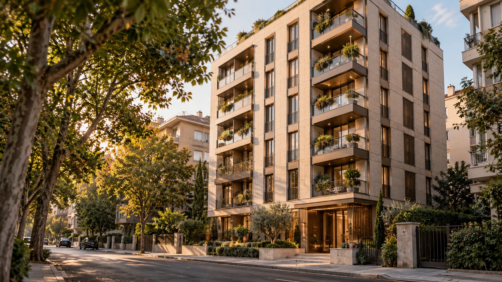 New building in the example scenario: stone façade, large windows, a designed entrance and balconies