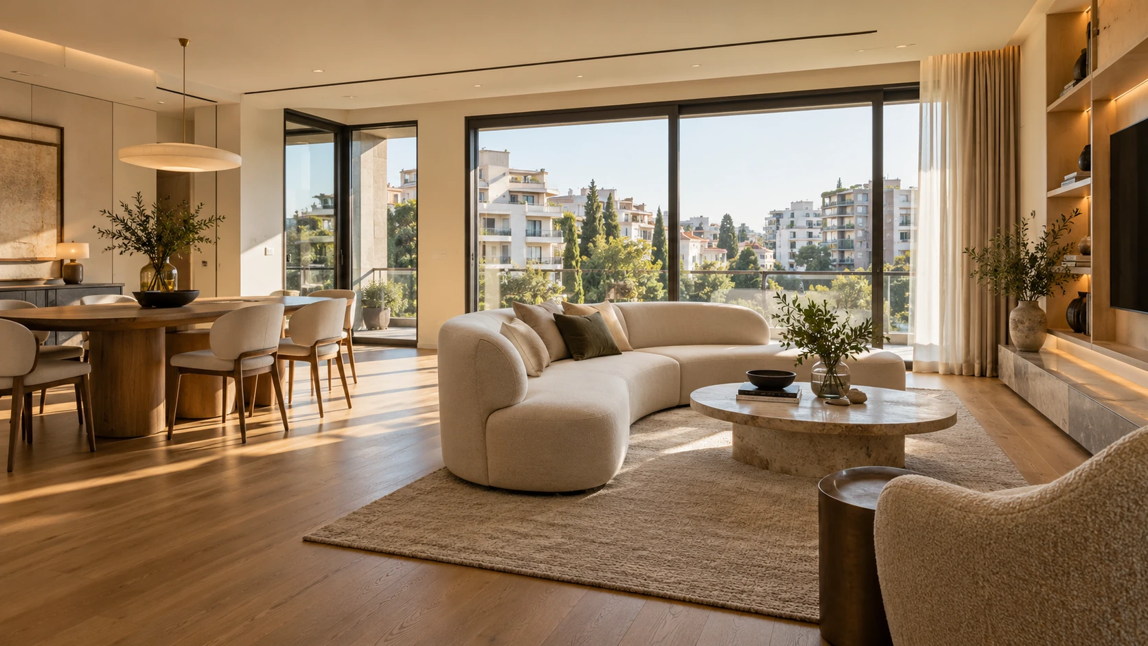 New apartment living space with natural timber, calm tones and daylight
