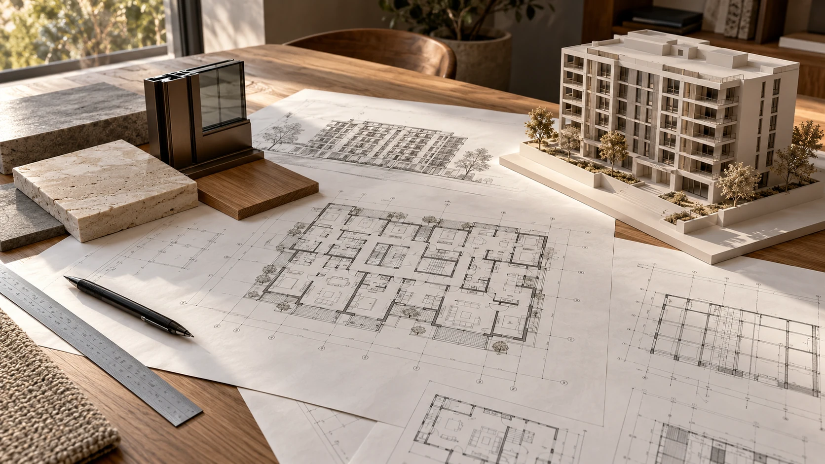 Proje çizimleri, yapı maketi ve malzeme seçimleriyle inşaat planlaması