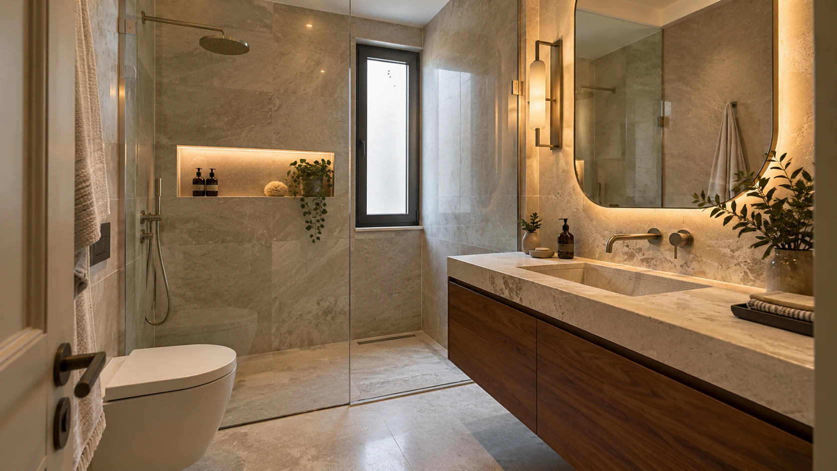 Doğal taş, ceviz dolap ve cam duş alanıyla premium banyo renovasyonu