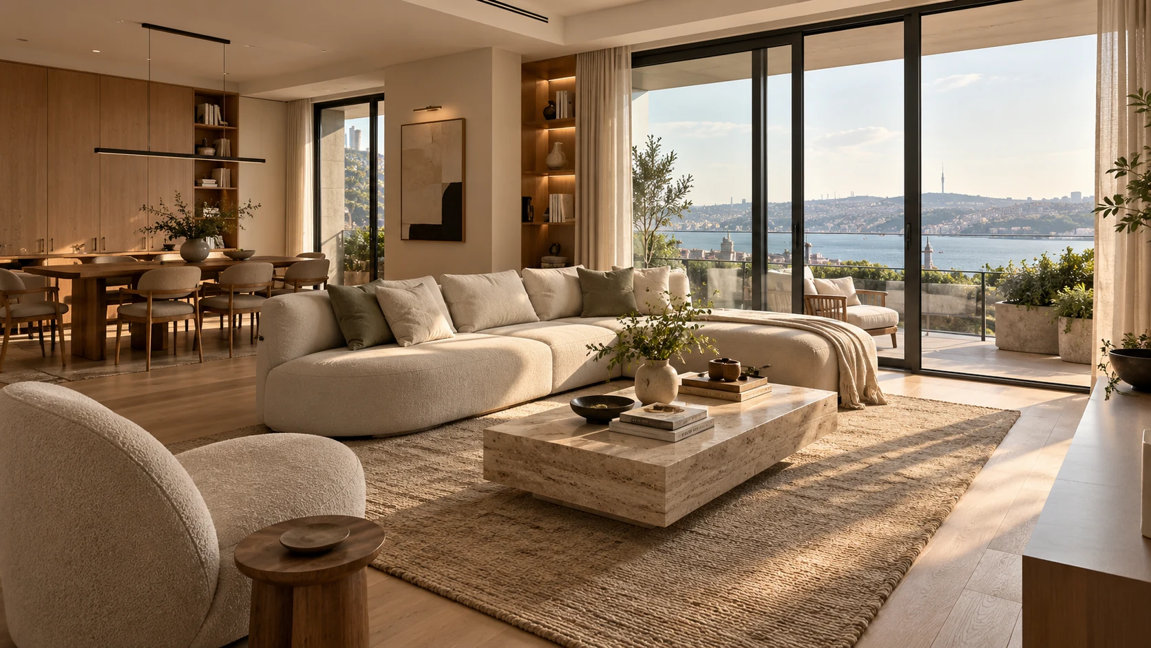 Açık meşe, keten ve travertenle modern minimal salon