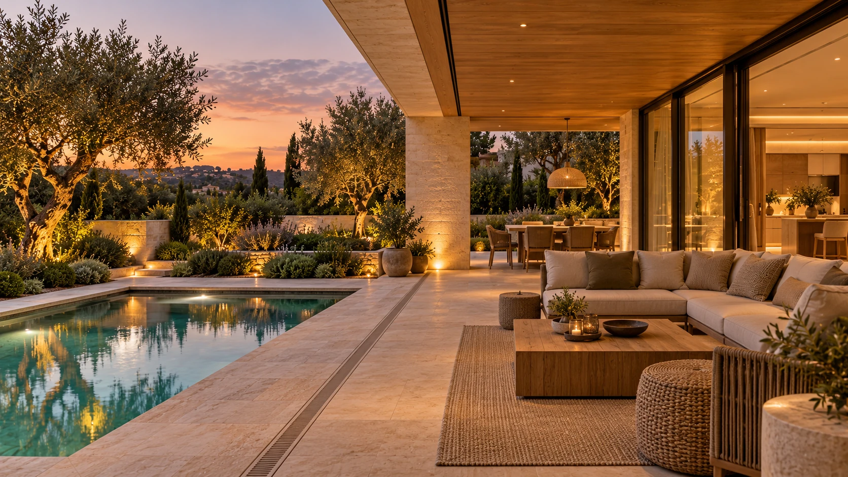 Außenbereich einer Villa mit beschatteter Terrasse, Pool, Entwässerung und Landschaft